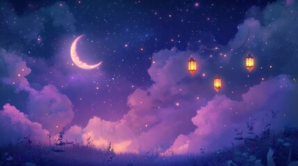Wall Mural - Elegant islamic eid mubarak greeting card design for muslim holidays featuring a beautiful crescent moon and twinkling stars on a deep blue night sky background, perfect for eid-ul-adha and ramadan fe