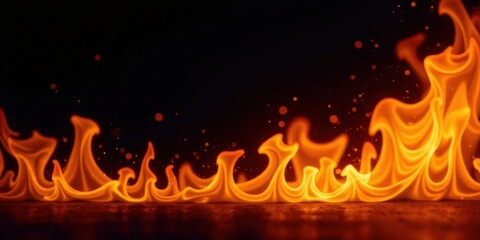 Poster - Abstract Fiery Inferno A Dramatic, Low-Angle View of Intense, Orange Flames Dancing Against a Pitch-Black Background, Illuminated by Glowing Embers and Sparks