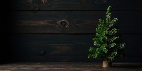 Poster - A miniature evergreen tree stands on a dark wood surface, against a backdrop of rich brown wooden planks, creating a simple yet elegant winter scene.