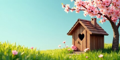 Poster - A charming wooden cottage with a heart-shaped window nestled amongst blossoming springtime flora, a serene landscape under a clear sky