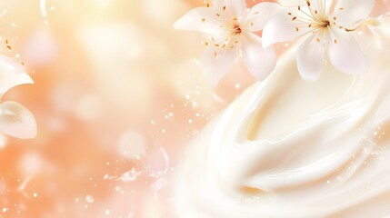 Poster - Delicate white and pink flower blossoms with soft glowing petals in an ethereal blurred floral backdrop  A tranquil serene