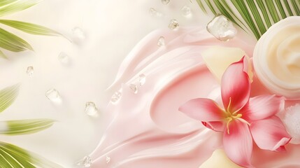Aufkleber - Elegant tropical floral background featuring vibrant pink flowers with delicate petals lush foliage and glistening dew drops  Serene and calming nature scene perfect for spa wellness