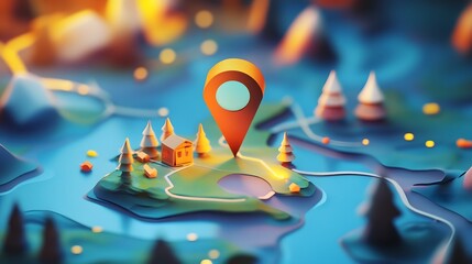 Poster - Fantastic magical landscape with a navigation pin pointing to a destination on a detailed map representing the concept of discovery  This digital has a whimsical fantasy inspired style