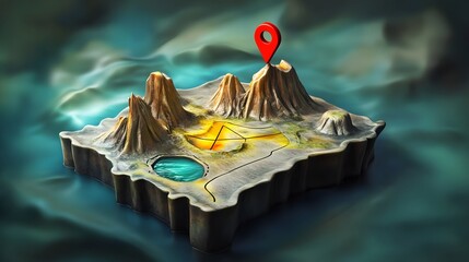 Poster - Fantastical islandscape with towering mountains hidden coves and winding rivers depicted on a magical treasure map