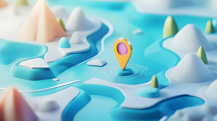 Aufkleber - Floating pin marker hovering over an abstract 3D mountainous landscape with geometric shapes  surreal scenery  and a minimalist digital design