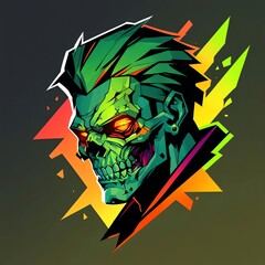 Sticker - Neon Zombie Skull: A vibrant digital art portrait of a stylized zombie skull with glowing eyes and green hair, set against a dynamic background of sharp shapes and contrasting colors.