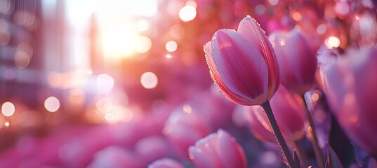 Canvas Print - Close Up of Pink Tulips in Field, Natural Sunlight, Shallow Depth of Field, Vibrant Spring Colors