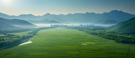 Sticker - Morning mist, valley farm, mountains