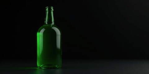 Poster - A single green glass bottle filled with a vibrant liquid rests on a dark surface against a stark black backdrop.  The bottle's form is elegantly illuminated, creating a captivating contrast.