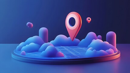 Leinwandbilder - Futuristic 3D of an abstract digital landscape with floating pink and blue location marker pins on a minimalist platform interface representing innovative digital mapping geolocation