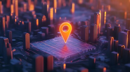 Poster - Futuristic 3D rendering of a glowing neon lit cityscape with a bright illuminated map marker pinpointing the location of a bustling downtown financial and business district