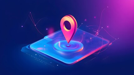 Leinwandbilder - Futuristic and modern 3D of a smartphone mobile application interface featuring a glowing geolocation pin icon on a digital map  The image showcases a vibrant gradient based
