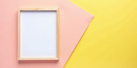 Poster - A simple wooden frame rests on a pastel pink and yellow background, ideal for showcasing your design or message.