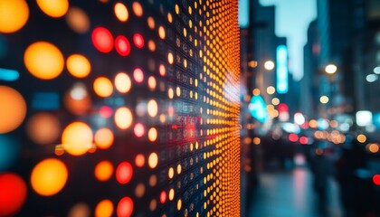 Poster - financial screen with stock prices, line chart with upward spikes, depth of field, city lights