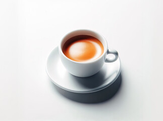 Wall Mural - A pristine white porcelain cup and saucer filled with rich, coffee, set on a pure white background. 