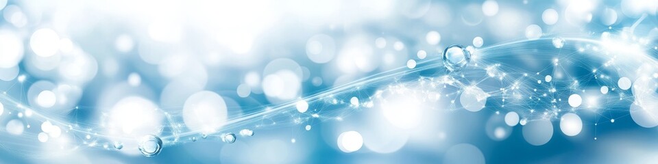 Poster - Abstract Blue Futuristic Design, Flowing Lines, Interconnected Dots, Soft Bokeh, and Water Droplets