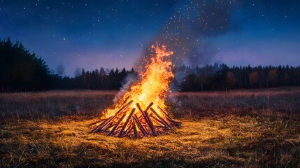 Poster - Glowing campfire surrounded by a field of tall grass and pine trees under a vast starry night sky in a serene remote countryside landscape  The warm light of the flames creates a cozy