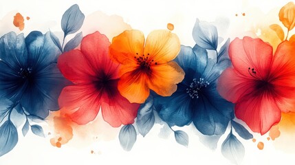 Wall Mural - Vibrant watercolor floral arrangement featuring red, orange, and blue flowers with soft leaves