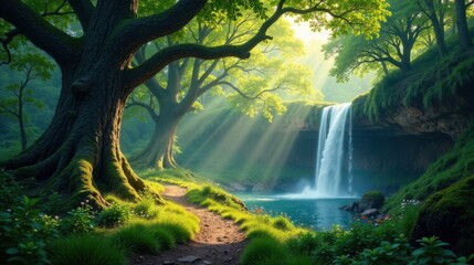 Poster - Serene Waterfall Cascading Through Lush, Sun-Dappled Forest, with a Winding Path Leading to Tranquil Pool