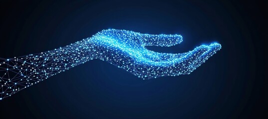 Poster - Glowing, Networked Hand on Dark Blue Background Representing Digital Communication and Technology