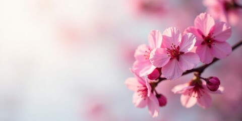 Aufkleber - Delicate Pink Blossoms on a Branch, Illuminated by Soft Sunlight, Creating a Serene and Peaceful Springtime Scene