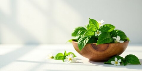 Aufkleber - Serene Still Life Featuring Lush Green Foliage and Delicate White Blossoms in a Rustic Wooden Bowl, Bathed in Soft Sunlight