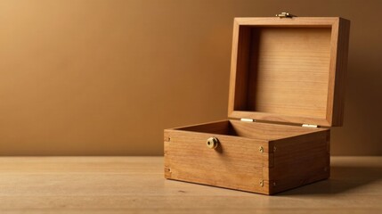 Poster - A simple wooden chest sits open on a light wood surface against a warm brown backdrop, ready to hold treasures or secrets.