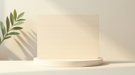 Poster - Elegant Minimalist Blank Sign on a Cylindrical Pedestal with Natural Light and Greenery