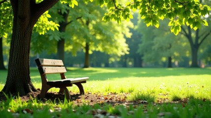 Poster - Tranquil park bench beneath a leafy tree, bathed in sunlight, inviting peaceful contemplation and relaxation in a serene green landscape.