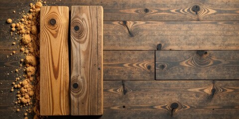 Poster - Rustic Wooden Planks and Textured Granular Substance Composition Featuring a Contrasting Light and Dark Wood Tone with Copy Space