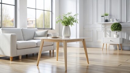 Wall Mural - Stylish White Wood Table in Modern Living Room - Perfect for Product Photography