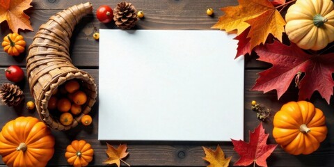 Poster - Autumnal Harvest Abundance Blank Canvas with Cornucopia, Pumpkins, and Fall Leaves, Perfect for Seasonal Greetings or Announcements