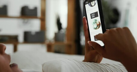 Aufkleber - Hands, phone screen and woman with food order, ecommerce and decision with website. Customer, house and consumer with smartphone, digital app and internet with connection, choice and online shopping