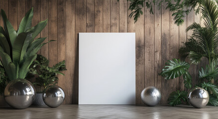 Aufkleber - A large blank canvas leans against a rustic wooden wall, flanked by vibrant plants and decorative metallic spheres in a creative environment