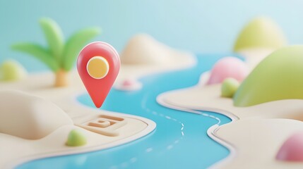 Aufkleber - Idyllic Tropical Island Destination with Navigation Pin on Digital 3D Landscape Concept of Discovery of Remote Scenic Locations