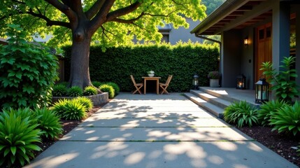 Aufkleber - Serene Patio Landscape Design Featuring a Large Tree, Lush Greenery, and a Small Wooden Table Set