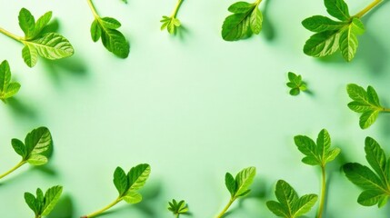 Aufkleber - Fresh Spring Greenery Arranged on a Pastel Green Background, Forming a Frame for Your Text or Design