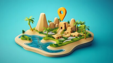 Aufkleber - Idyllic tropical island paradise with lush verdant landscape towering mountains cascading waterfall and serene river or lake surrounded by palm trees  The location is marked with a map pin