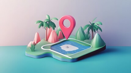 Aufkleber - Idyllic tropical island paradise with a navigation map pin and travel app concept  Scenic coastal landscape with palm trees crystal clear waters