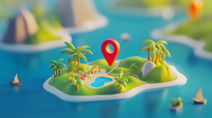 Aufkleber - Idyllic tropical island paradise with palm trees turquoise sea sailing boat and red navigation marker pinpointing the location on the map