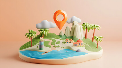 Aufkleber - Idyllic tropical island paradise with stunning coastal scenery white sand beaches azure waters lush palm trees and a prominent location pin showcasing a picturesque vacation destination