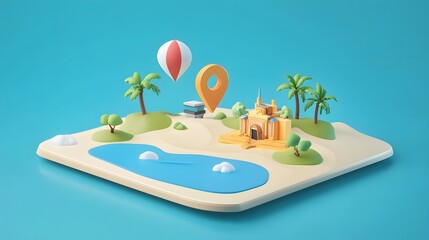 Aufkleber - Idyllic tropical island vacation destination with palm trees wooden boats beach huts and location markers like pins and hot air balloons  Scenic and peaceful seaside landscape for travel adventure