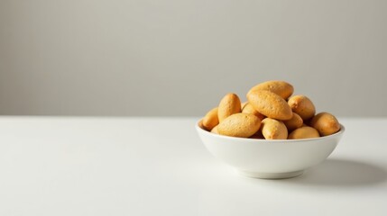 Poster - A bowl of freshly baked, golden-brown, oblong-shaped biscuits rests on a pristine white surface against a neutral backdrop.
