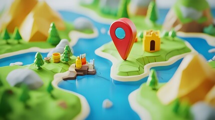 Aufkleber - Illustrated 3D Cartoon Map with Red Pointer Pin Marking Natural Landscape Elements Such as Mountains Forests Lakes and Rivers for Travel Tourism Adventure and Concepts