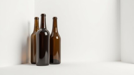 Poster - Three amber glass bottles rest in a corner against a white background