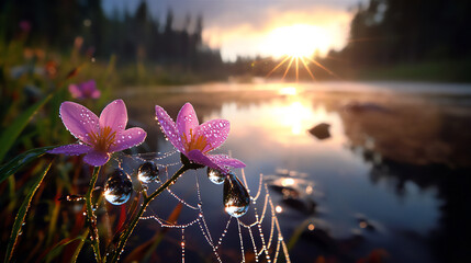 Canvas Print -  water droplets on a spider web in the morning sun