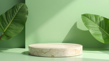 Poster - Serene Minimalist Display  Elegant Stone Platform with Lush Green Foliage in Soft Sunlight