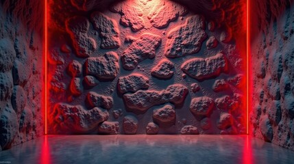 Poster - Abstract Red Neon Glowing Lines Illuminating a Textured Stone Wall in a Dark Room