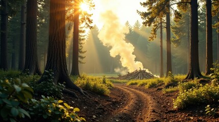 Poster - Golden Sunlight Illuminates a Forest Path Leading to a Pile of Burning Wood, Creating a Serene and Mystical Atmosphere