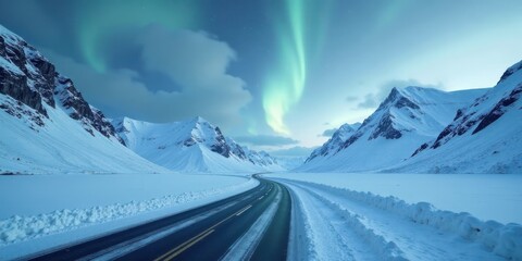 Aufkleber - Serene Winter Journey Winding Road Through Snowy Mountains Underneath a Magical Aurora